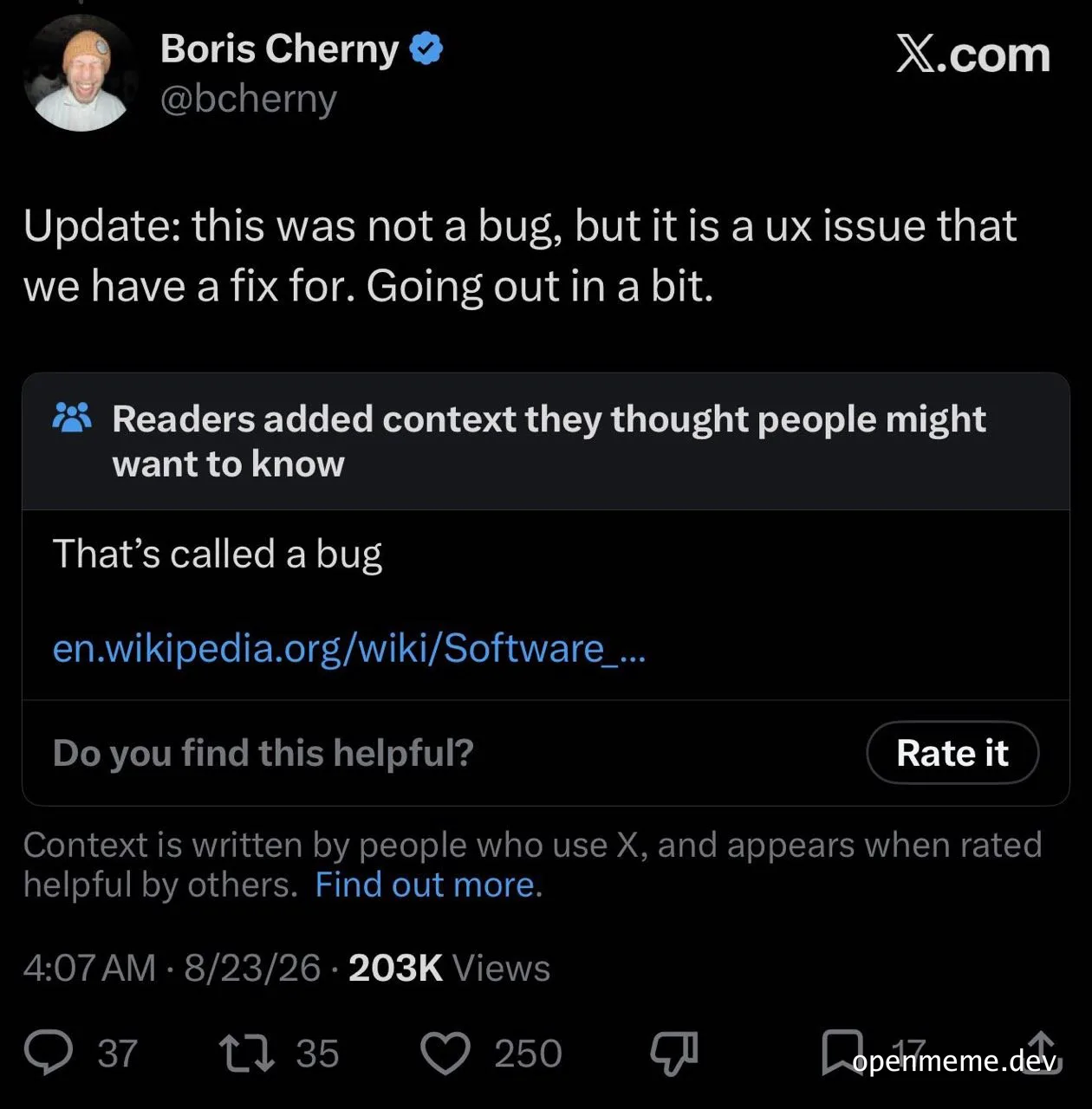 Screenshot of a tweet by Boris Cherny discussing a software bug versus a UX issue with a reply thread below.