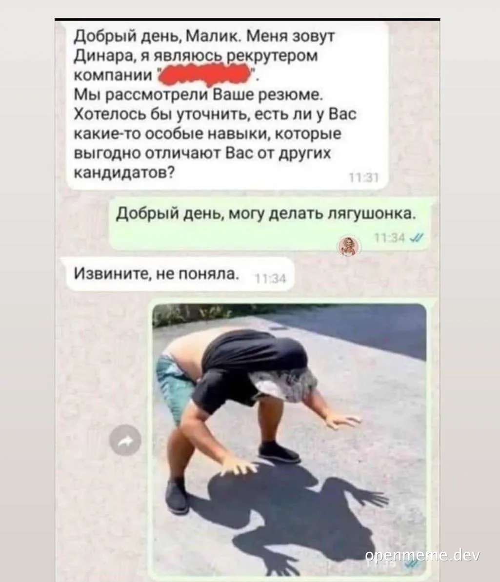 Man crouching like a frog with a recruiter's question and response about unique skills