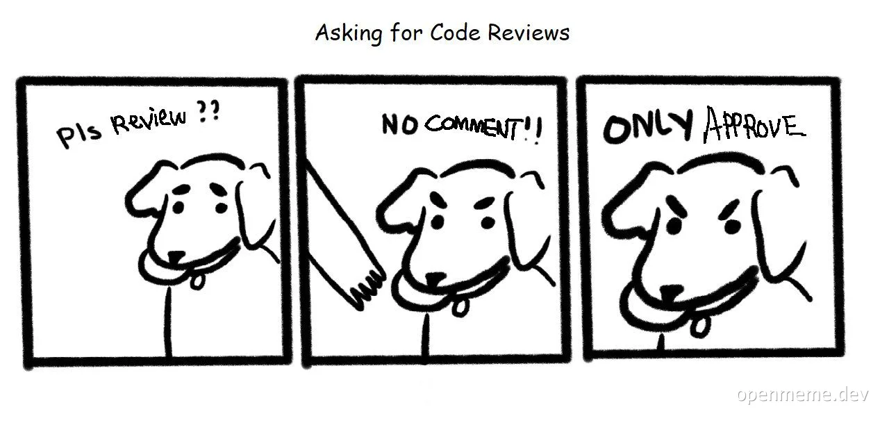 cartoon dog asking for code review with humorous expressions