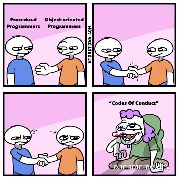 cartoon of procedural vs object-oriented programmers reacting to codes of conduct