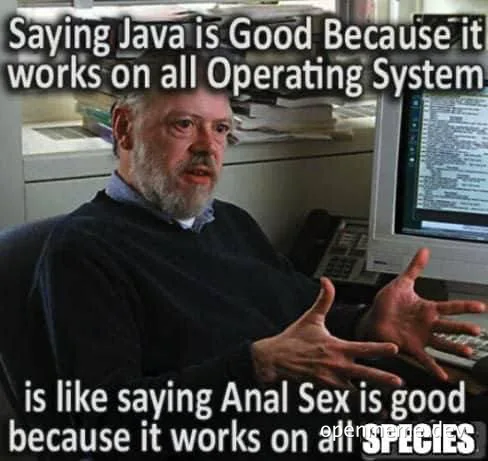 A man sitting at a computer making a point about Java