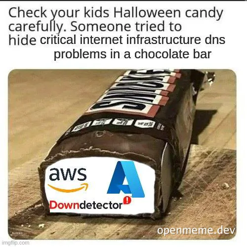 A chocolate bar with a fake label featuring AWS, a blue A logo, and DownDetector, implying someone hid critical internet infrastructure DNS problems in Halloween candy