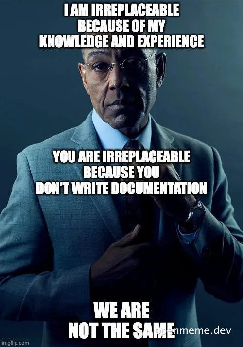 a man in a suit with text about irreplaceability due to knowledge and documentation