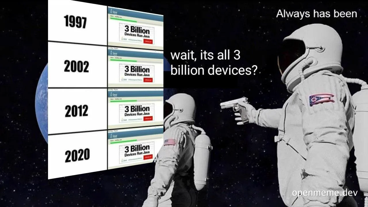 Astronauts in space with a chart of '3 Billion Devices Run Java' over the years, one pointing a gun
