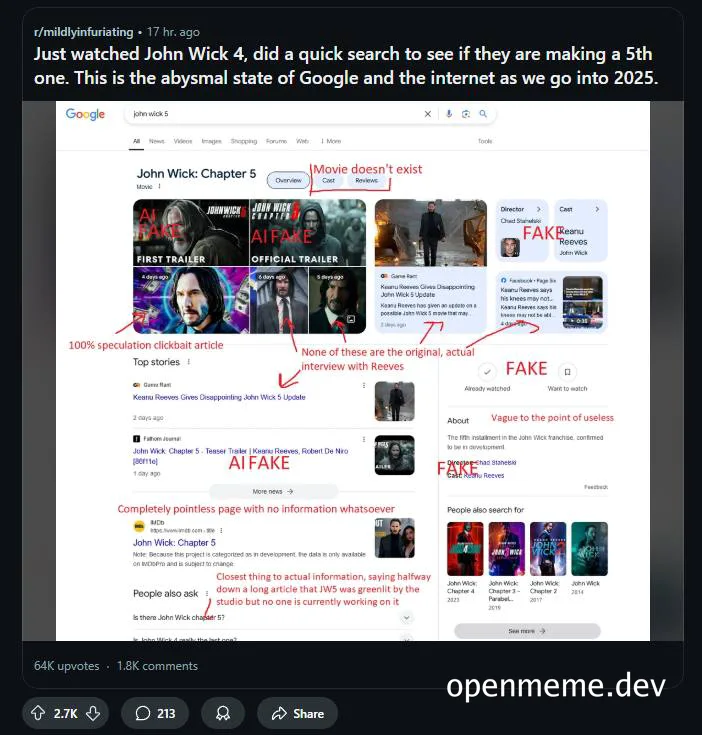 screenshot of google search results for john wick 5 with fake ai-generated links and annotations pointing out the fakes