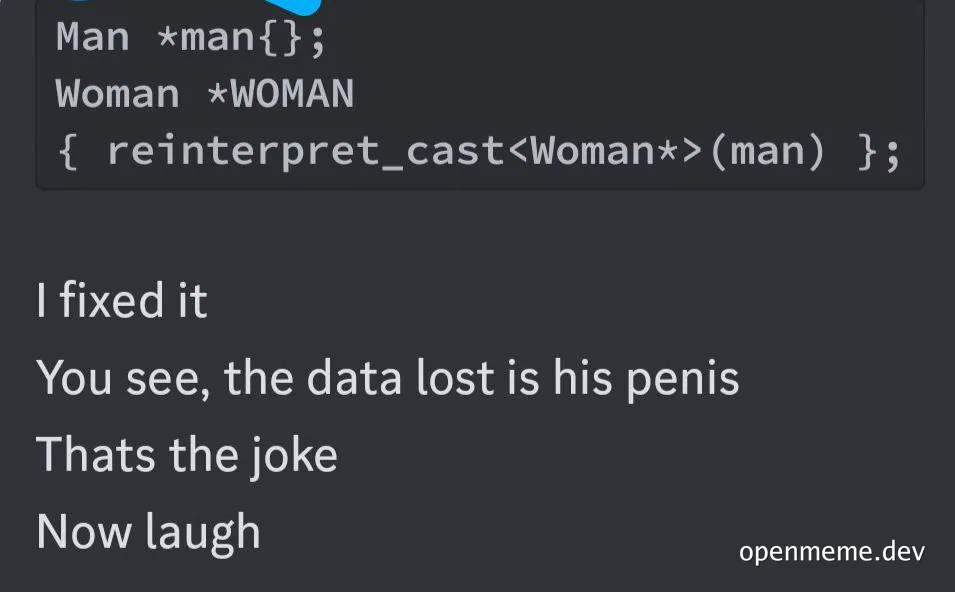Code snippet with humorous reinterpretation of data loss