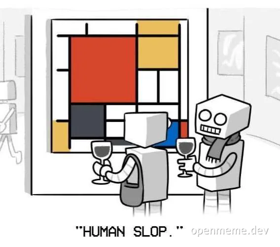 Cartoon characters holding wine glasses in a gallery looking at a Mondrian painting with the text Human Slop