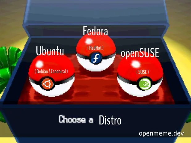 Poké Balls labeled Ubuntu, Fedora, and openSUSE representing Linux distributions