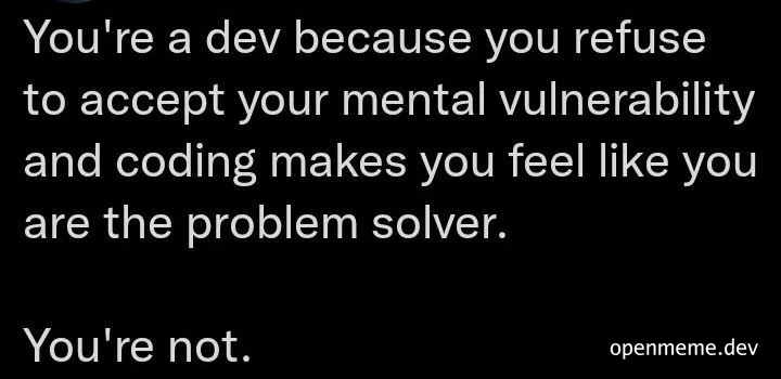 Text on black background: 'You're a dev because you refuse to accept your mental vulnerability and coding makes you feel like you are the problem solver. You're not.'