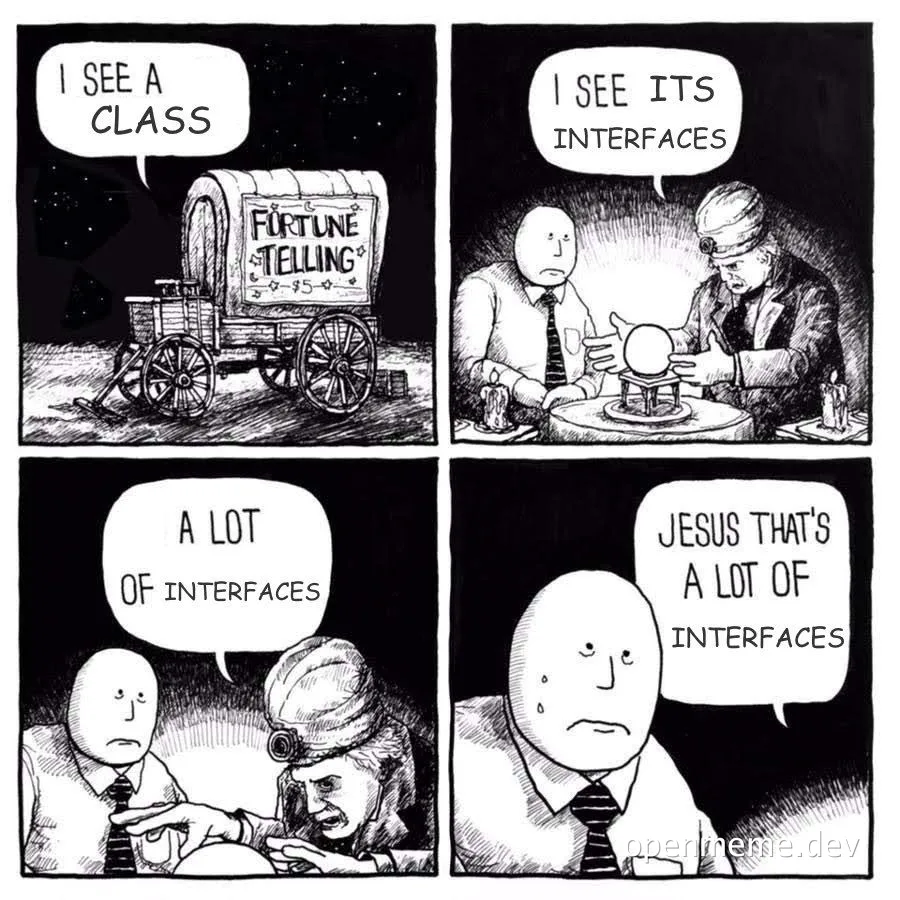 fortune teller meme about class and interfaces