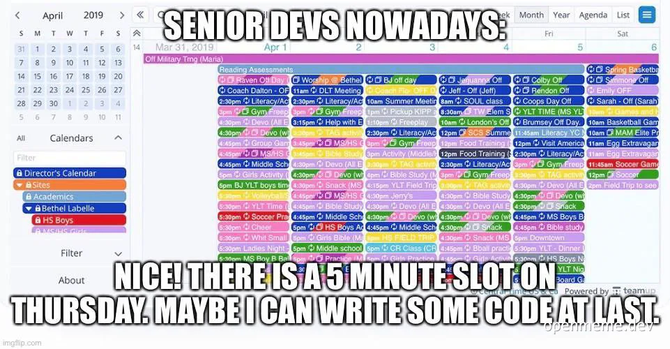 Senior devs nowadays nice there is a 5 minute slot on thursday maybe i can write some code at last