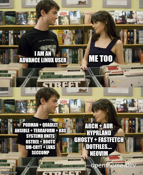 Two people in a video store, one claiming to be an advanced Linux user and the other sharing an extensive list of Linux tools and distributions