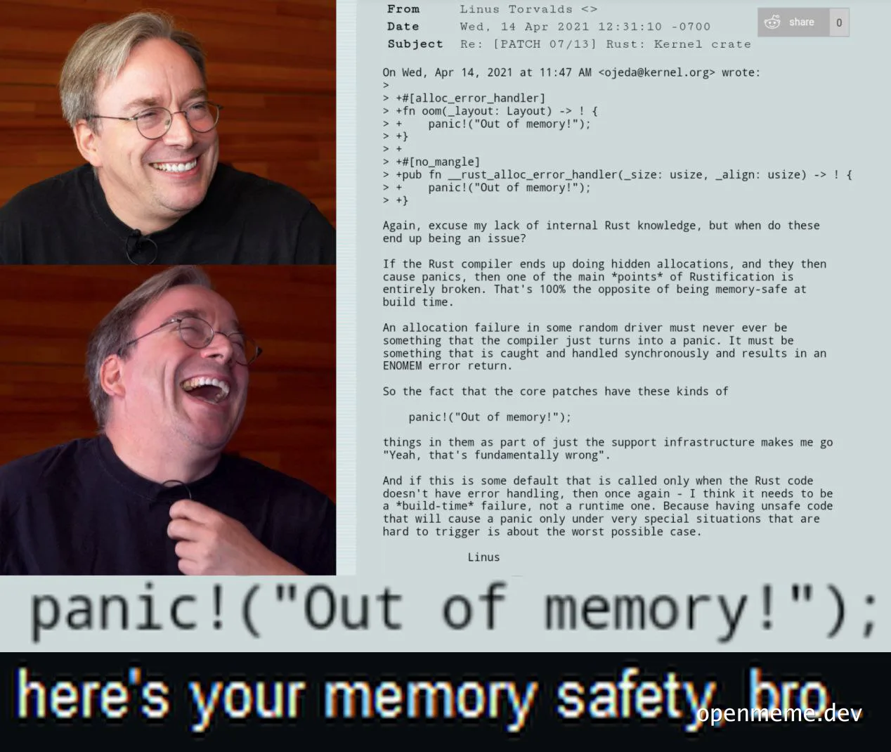 Linus Torvalds laughing and saying 'panic! (Out of memory!); here's your memory safety, bro'