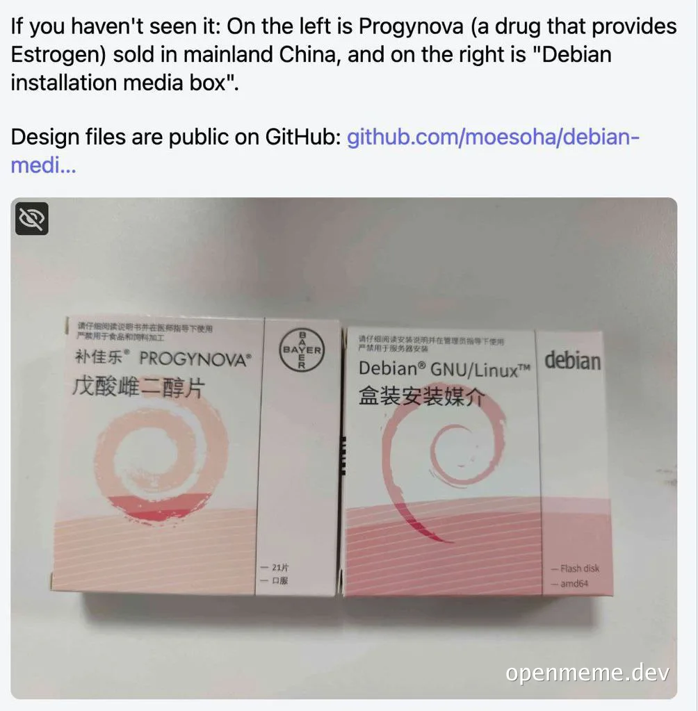 Progynova and Debian GNU/Linux installation media boxes side by side