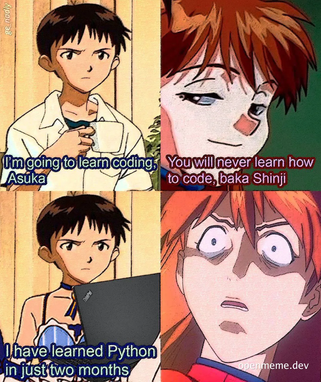 Neon Genesis Evangelion characters Shinji and Asuka meme about learning to code