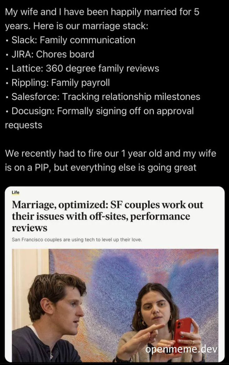Couple using tech to optimize marriage with performance reviews and off-sites