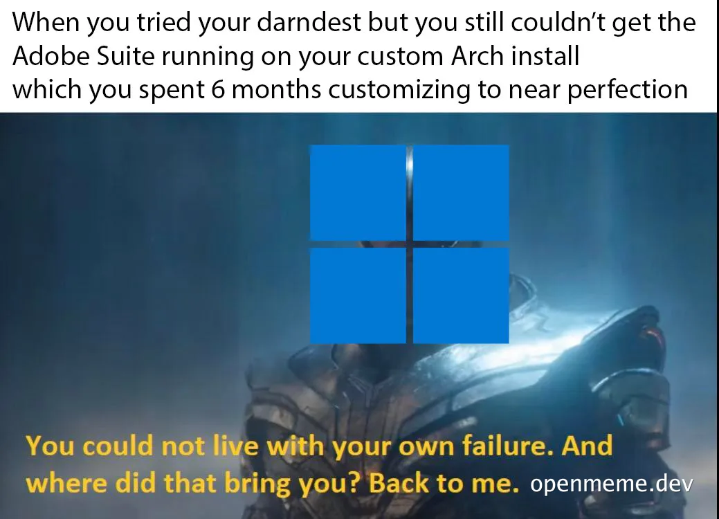 meme image of Thanos with Windows logo, symbolizing struggle with Adobe Suite on custom Arch install