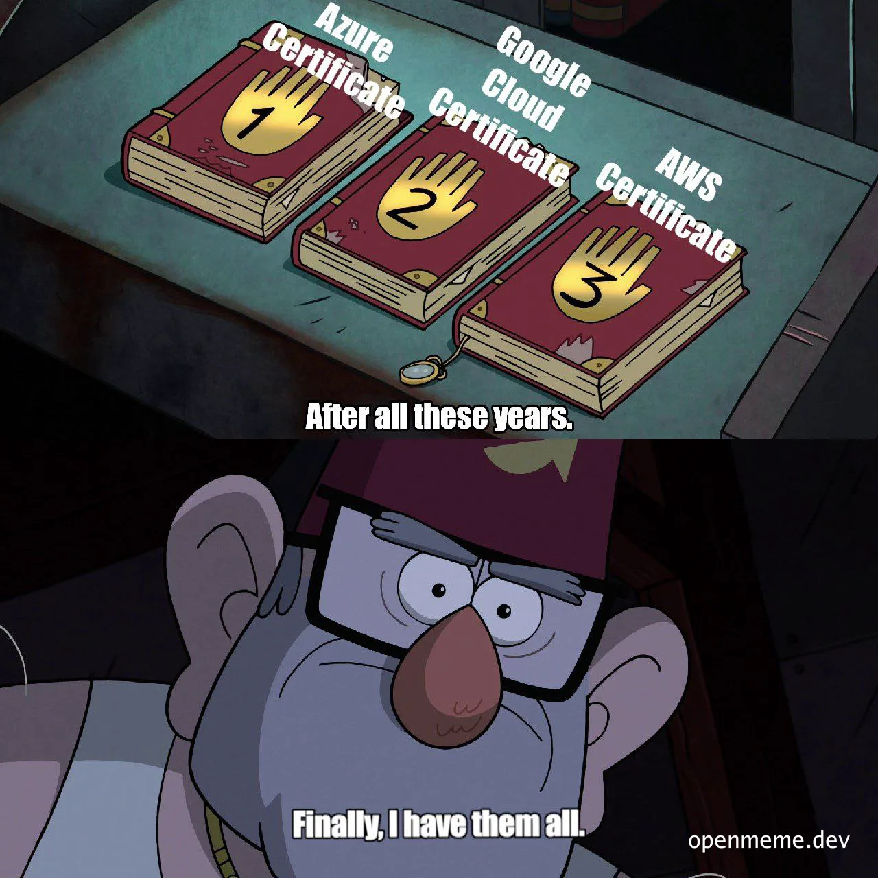 cartoon character holding three cloud certification books