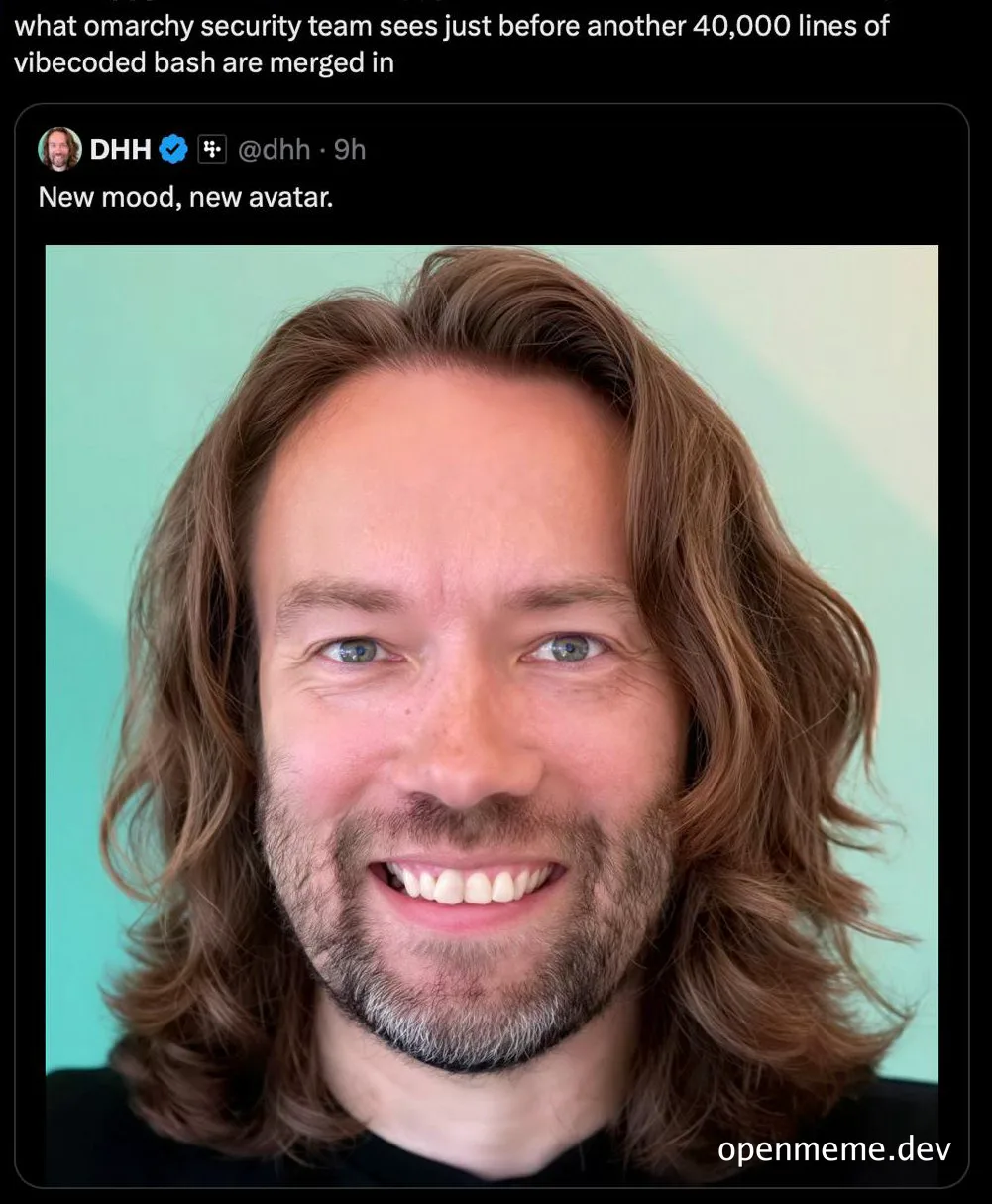 Meme showing DHH's new avatar and tweet about vibecoded bash being merged in, with text referencing the omarchy security team.