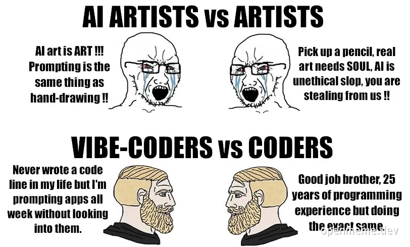 Two-panel meme comparing AI artists vs artists and vibe-coders vs coders, using rage faces and calm bearded characters
