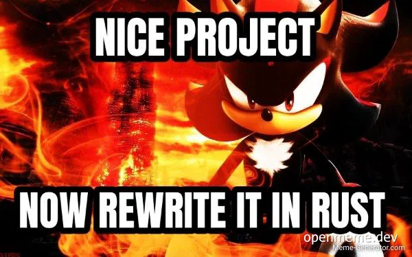 Shadow the Hedgehog from Sonic series with flames in the background and text 'NICE PROJECT NOW REWRITE IT IN RUST'