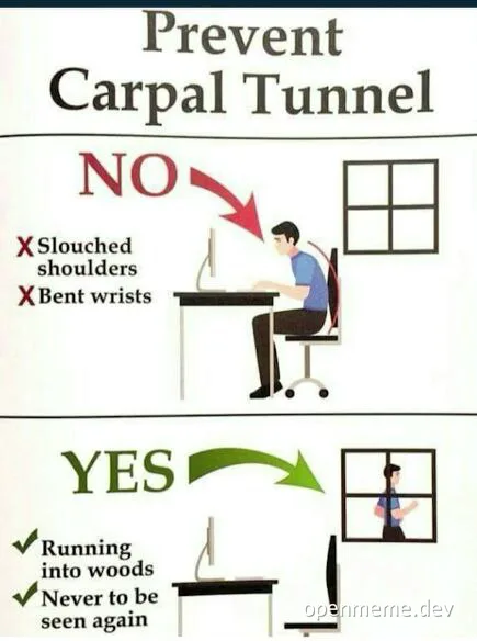 A split-panel infographic showing bad posture labeled NO, and a person running out a window labeled YES to prevent carpal tunnel.