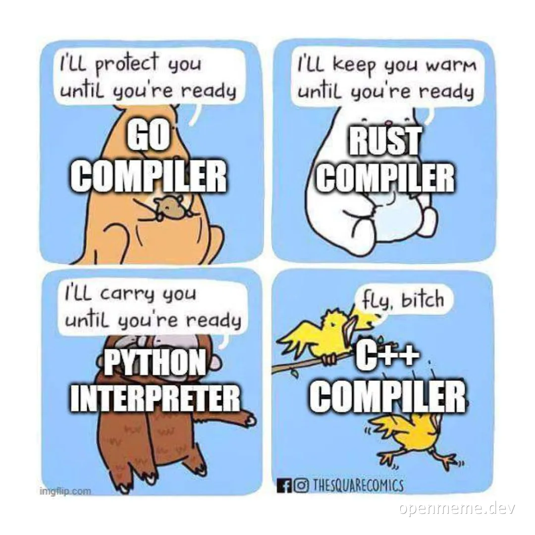 a comic strip comparing the nurturing levels of different programming language compilers