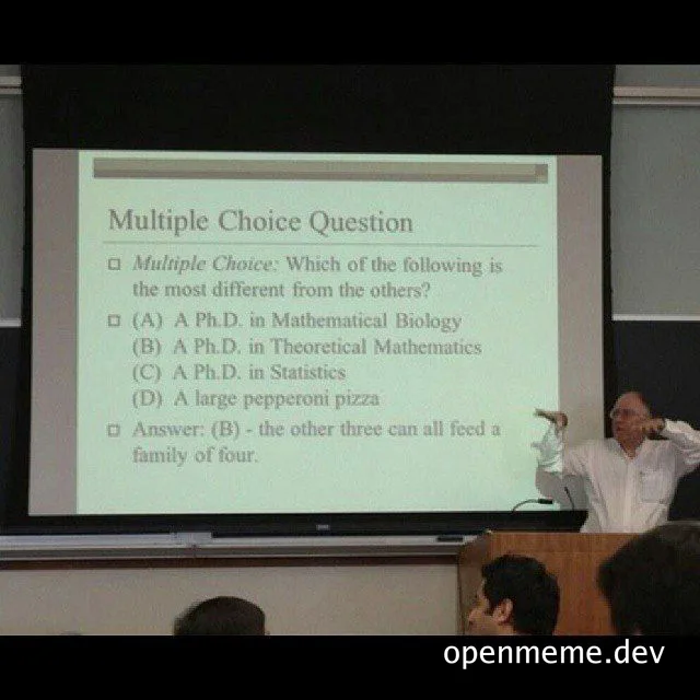 A professor points to a projector screen showing a multiple-choice question comparing PhD degrees to a pepperoni pizza.