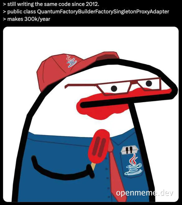 angry cartoon character in a red hat and blue shirt with a java logo on the pocket