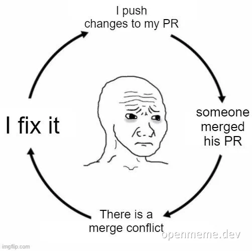 Circular loop diagram with a distressed face in the center showing the cycle: I push changes to my PR, someone merged his