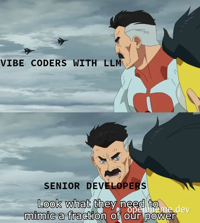 Two-panel anime meme of a mustached, bandaged warrior character looking at small fighter jets in the sky, captioned 'Vibe