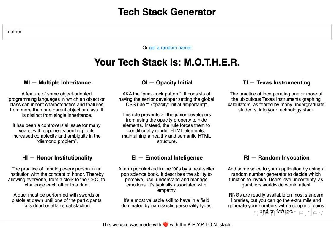 humorous tech stack generator meme