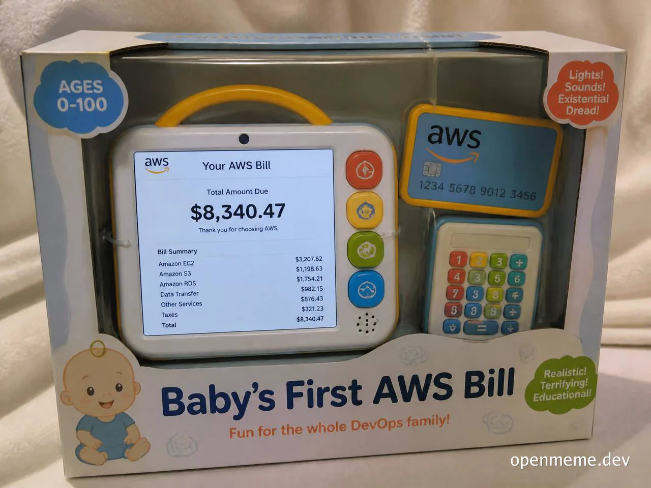 Toy packaging for a baby calculator displaying a high AWS bill and a credit card, labeled with existential dread.