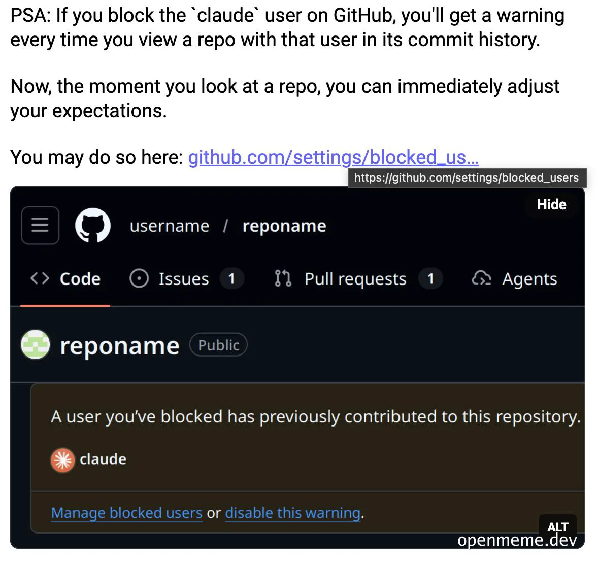 Github warning about blocked user