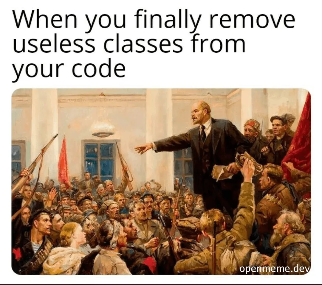 Lenin giving a speech to a crowd, representing the joy of removing useless classes from code