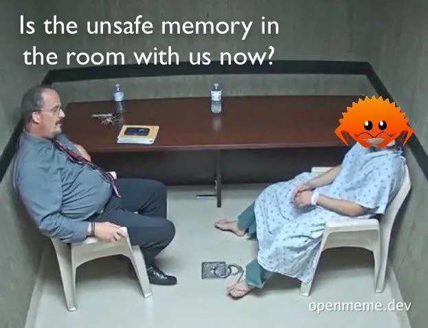 Interrogation room scene with a man in a shirt and tie facing a handcuffed person in a hospital gown, captioned 'Is the