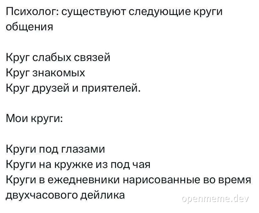 Текстовый мем на русском: круги общения против кругов под глазами, на кружке и в ежедневнике во время двухчасового дейлика