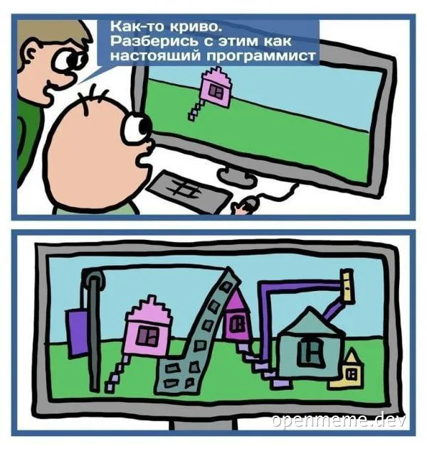 cartoon of man asking another man to fix a simple graphic on a computer screen which then becomes a mess