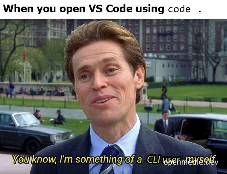 a man in a suit with a smug expression, with text about using VS Code with the CLI