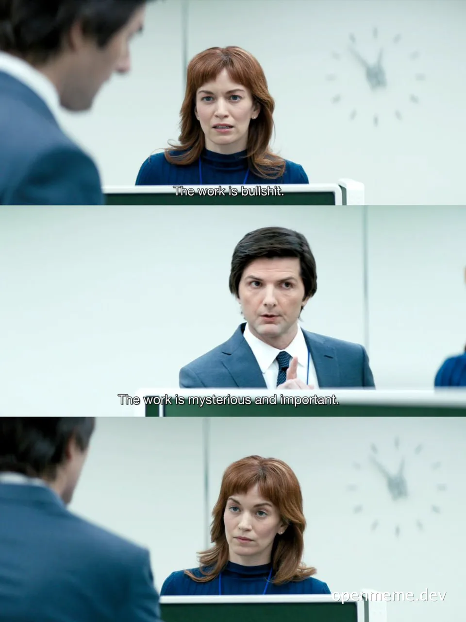 Office worker reacts to job importance
