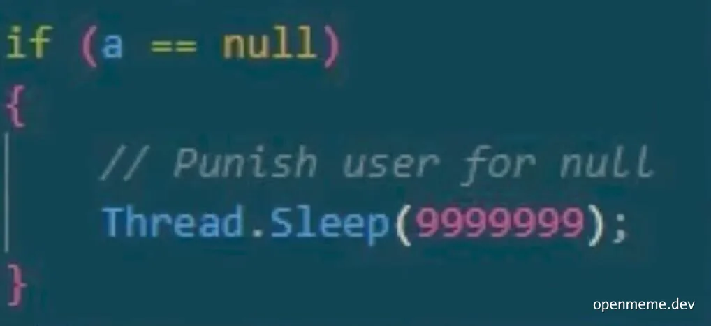 Code snippet with humorous comment about punishing user for null input