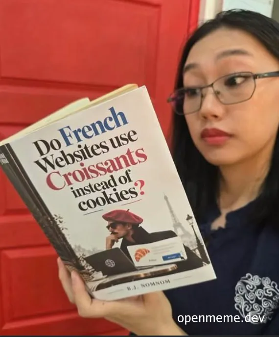 Woman holding a book titled Do French Websites Use Croissants Instead of Cookies