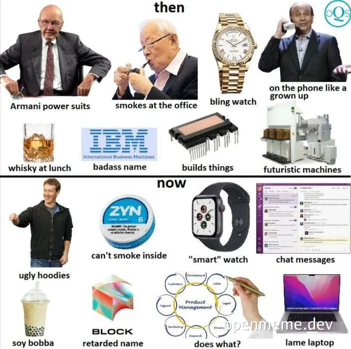 humorous comparison between old and new corporate culture
