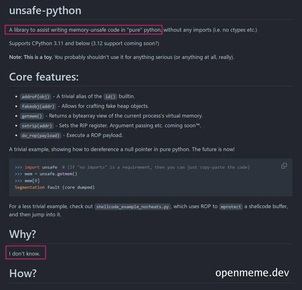 unsafe-python library for writing memory-unsafe code in pure python