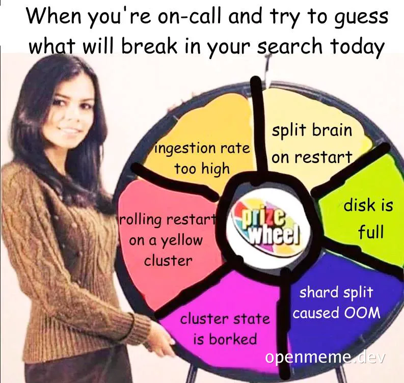 Woman standing next to a prize wheel with sections labeled with potential system failures