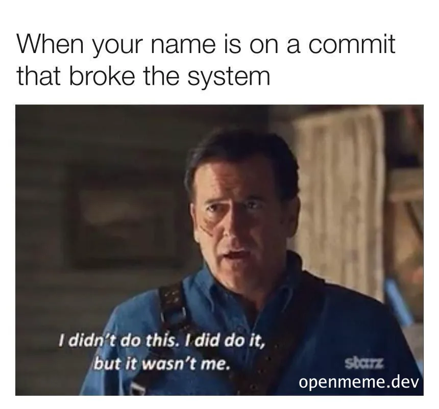 man in blue shirt denying responsibility for breaking the system