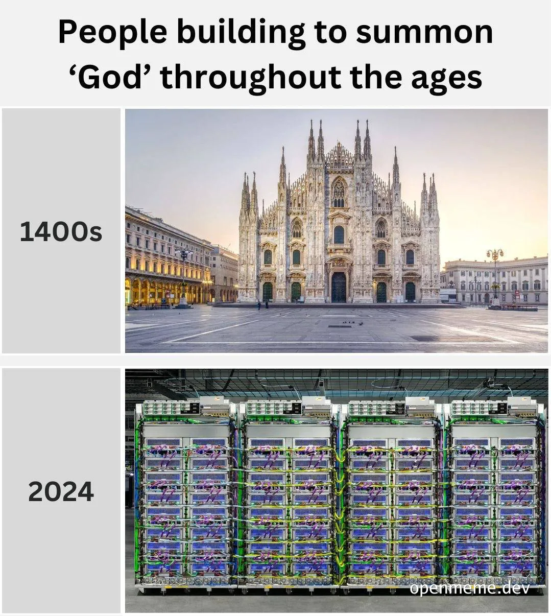 meme comparing medieval cathedral construction to modern server infrastructure