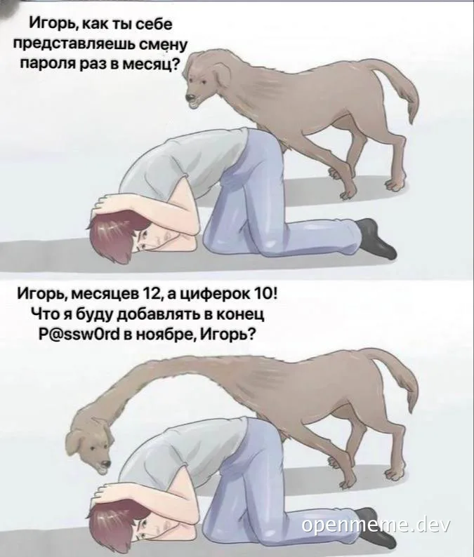 man kneeling with dog sniffing his head, russian text