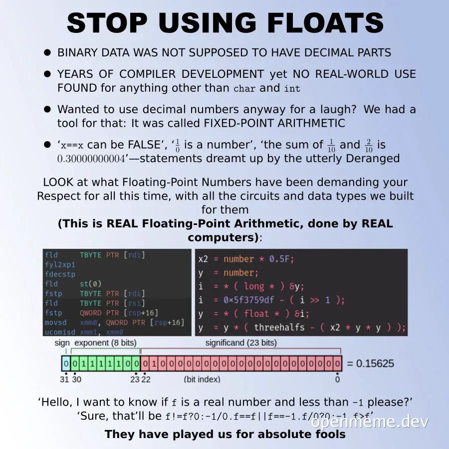 STOP USING FLOATS meme with code examples and explanations