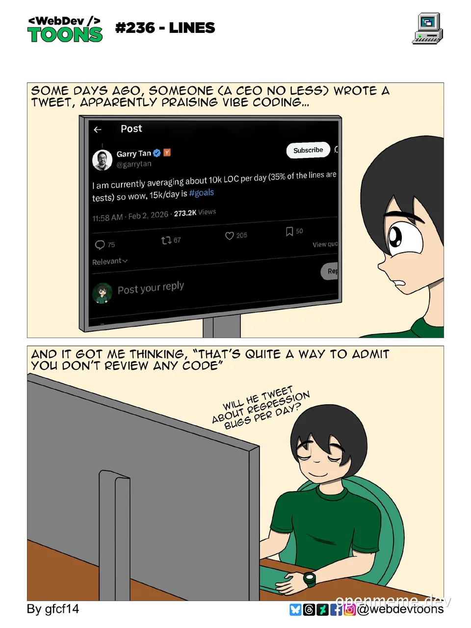 WebDev Toons #236 Lines - A developer reacts to a tweet about vibe coding and lines of code per day